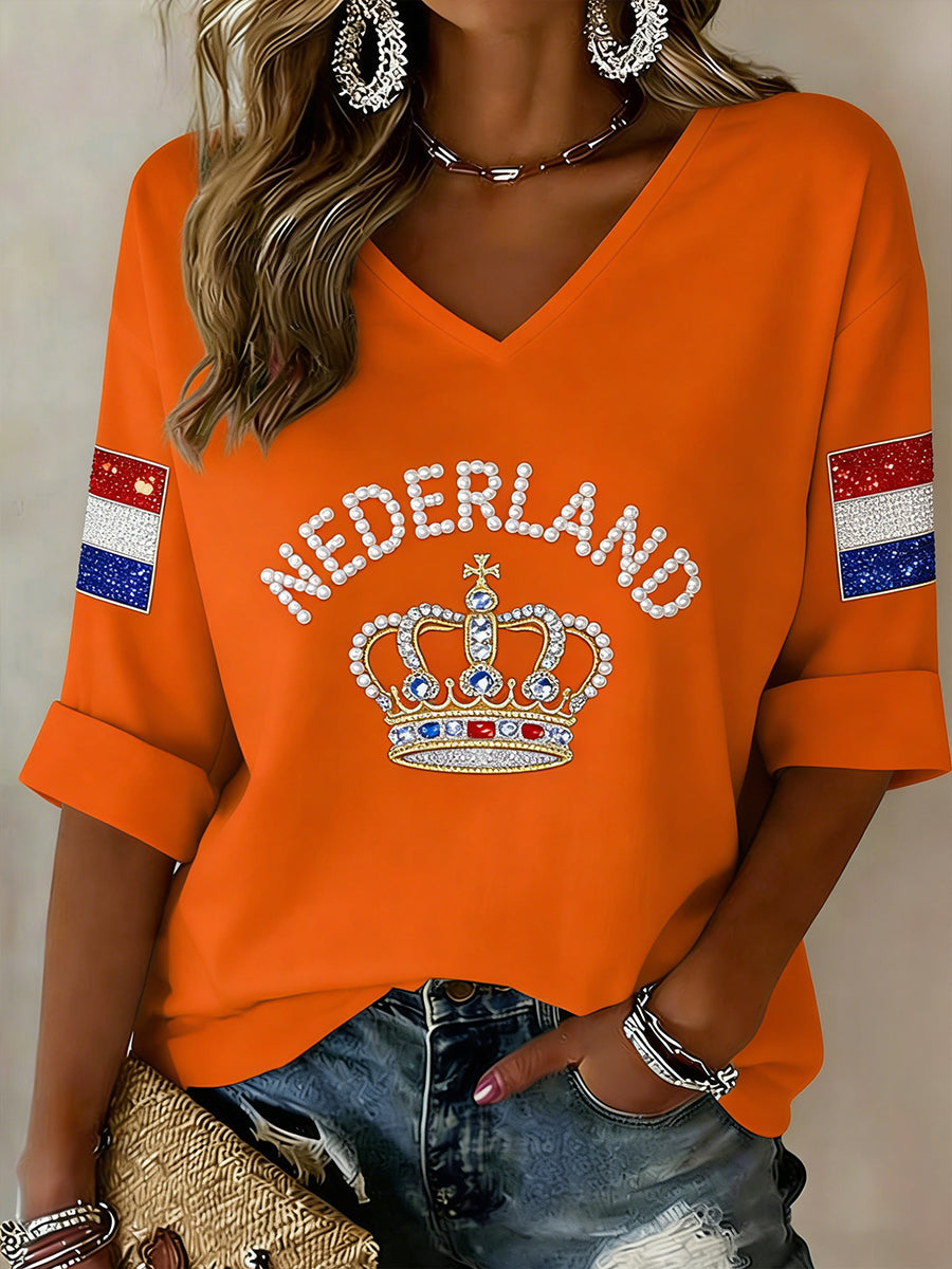 Dames koningsdag print met V-hals T-shirt