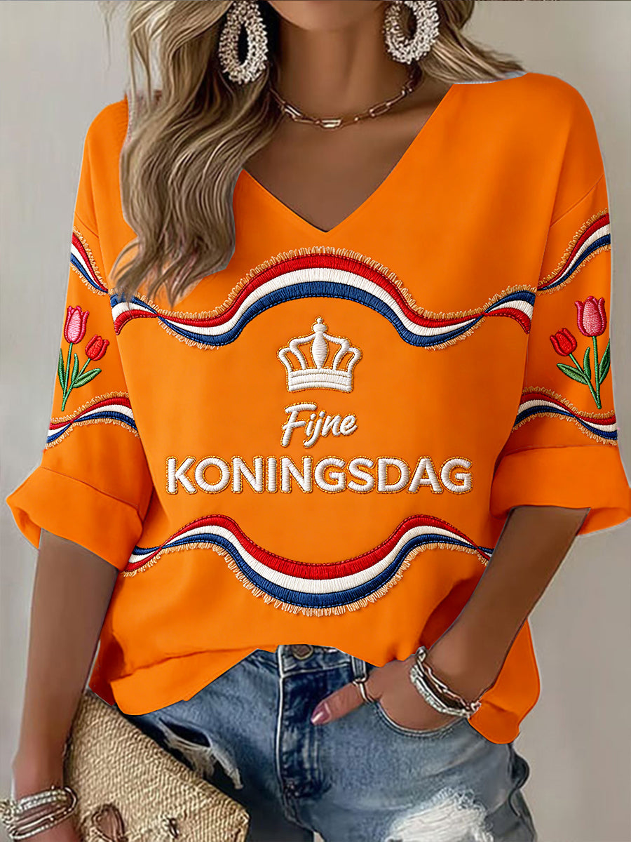 Dames Nederlandse Vlag Koningsdag Print Oranje V-hals T-shirt