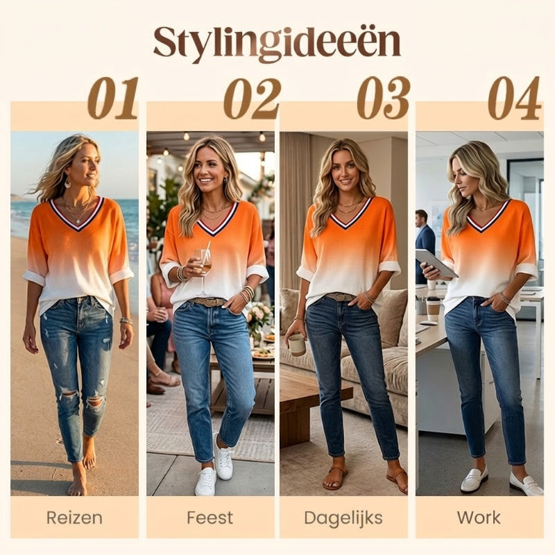 Dames Nederlandse Koningsdag Gradiënt Print Casual V-hals Top