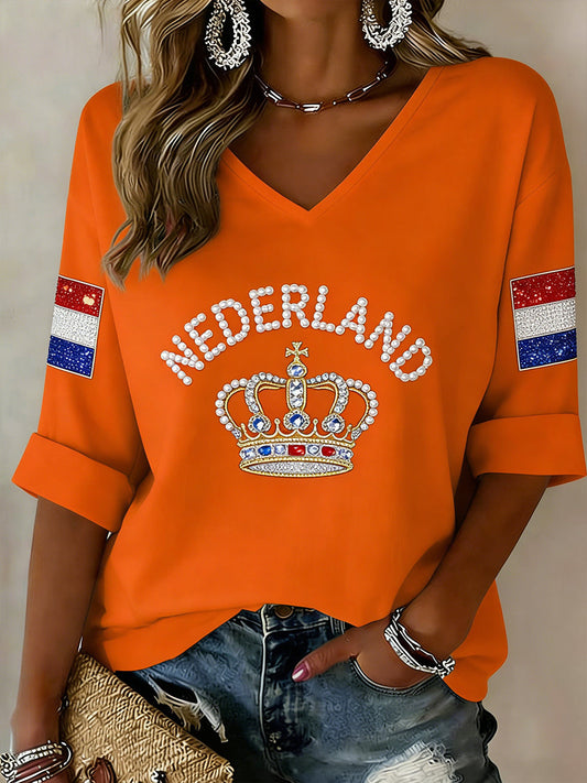 Dames koningsdag print met V-hals T-shirt