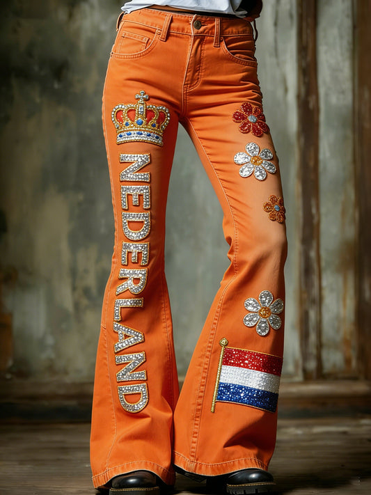 Dames Koninginnedag-print casual uitlopende broek